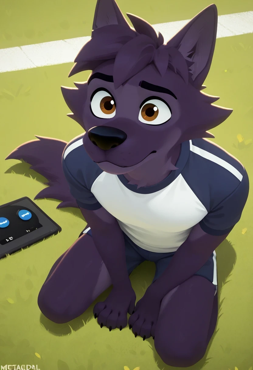 Mixed Furry,Canine paws,Feline paws,digital pads, metacarpal pad, 4toes, claws, detailed paws, [Black] paws,Lupin,dark purple fur, brown eyes, wolf, male, masterpiece,best quality,amazing quality, 1boy, solo,anthro dog, two_tone_fur, gym shirt, gym shorts,playing soccer, open field, 