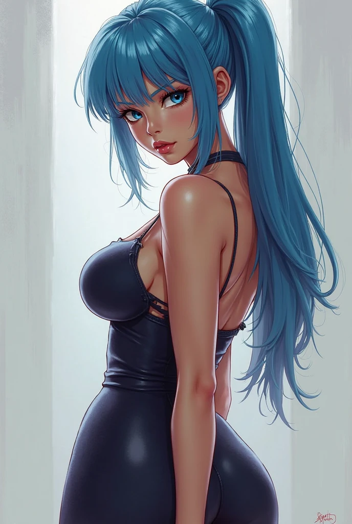 (best quality: 1.2), clean face, (masterpiece: 1.2, 8k) perfect anatomy, 1girl,a beautiful fashion model ,(masterpiece, official art, best quality ,long and shiny hair, blue hair with streaks in hair, long hair, full lips, slender body, slim body big breasts, looking at viewer, revealing outfit, absurdity, intricate details, dynamic pose, club, , wearing short shorts and a tight white top, cleavage, torn clothes, thong straps, ponytail