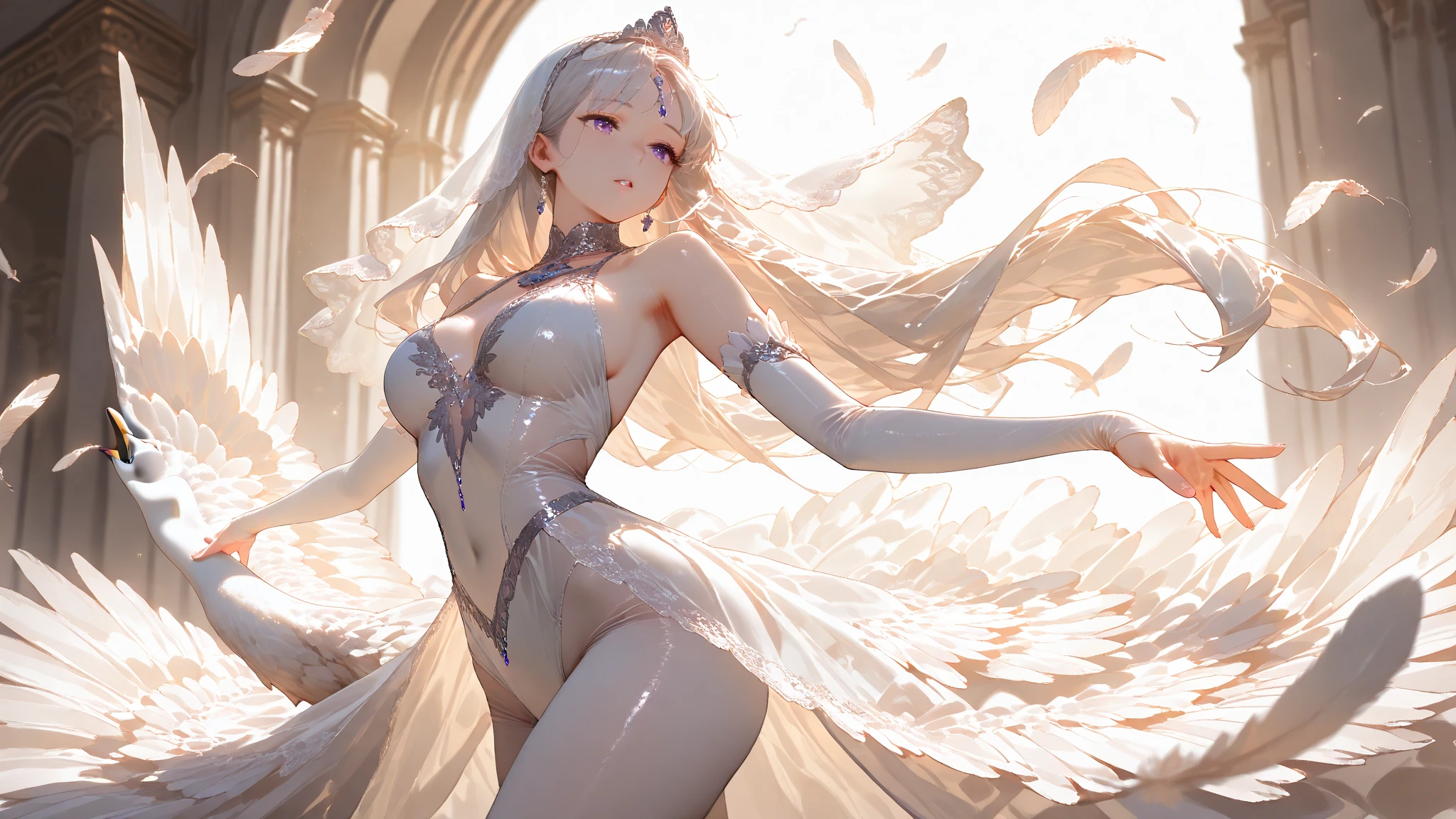 1girll,Solo,Long white hair, 1 girl dancing lightly and elegantly,Immerse yourself in the dance,