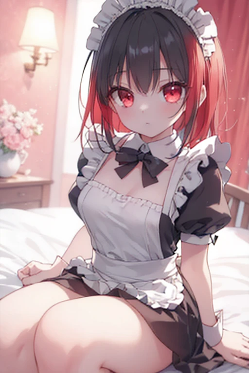woman, maid, flushed cheeks, on all fours, in the bedroom, with a window, at night, with a starry sky, anime, semi long, red hair, red eyes, slender, maid, full body shot, dutch angle shot, darkness, moonlight