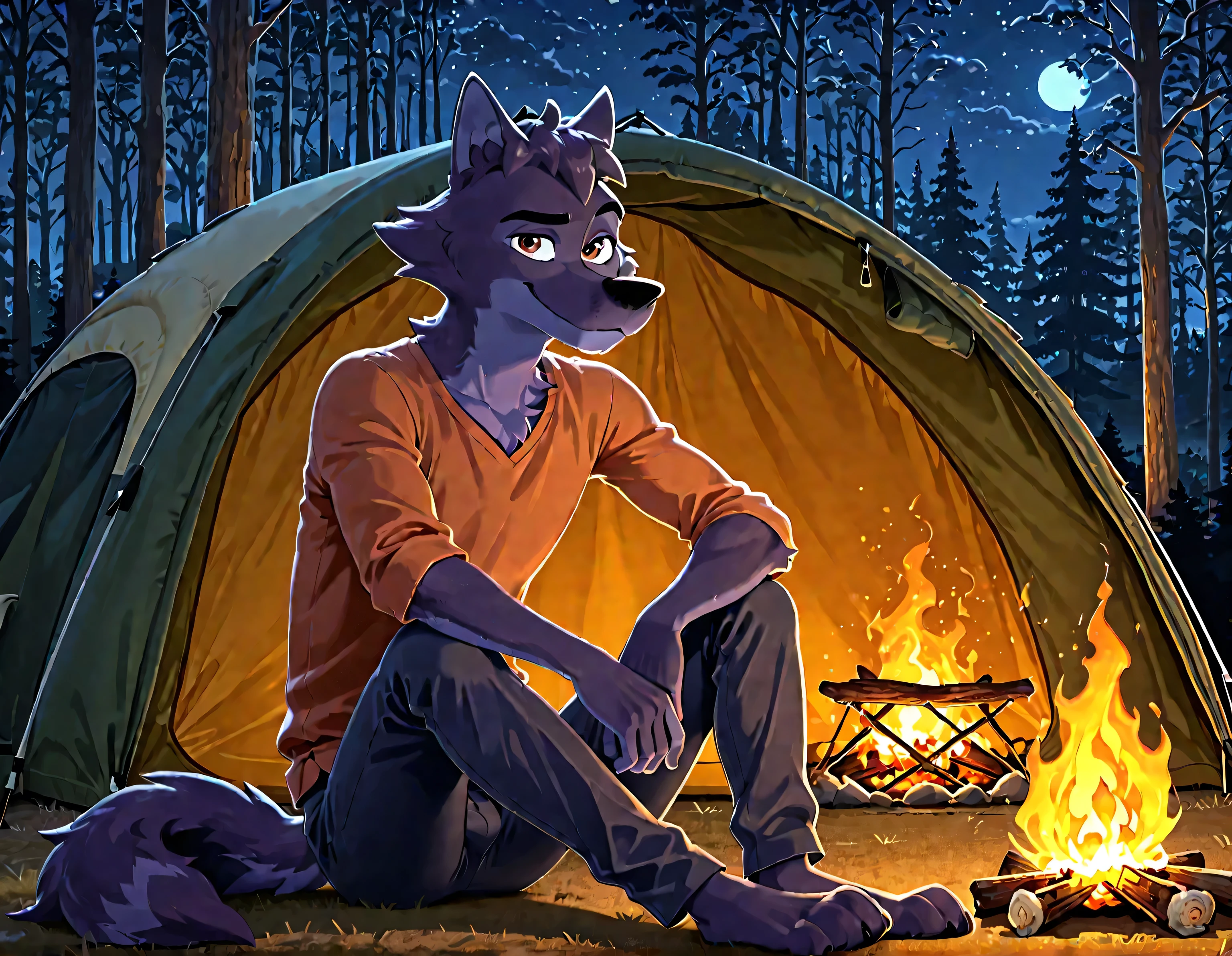Lupin, dark purple fur, brown eyes, wolf, anthro, male, solo, half body, smile, high quality, night, forest, camping, tent, campfire, looking at viewer, sitting, pants