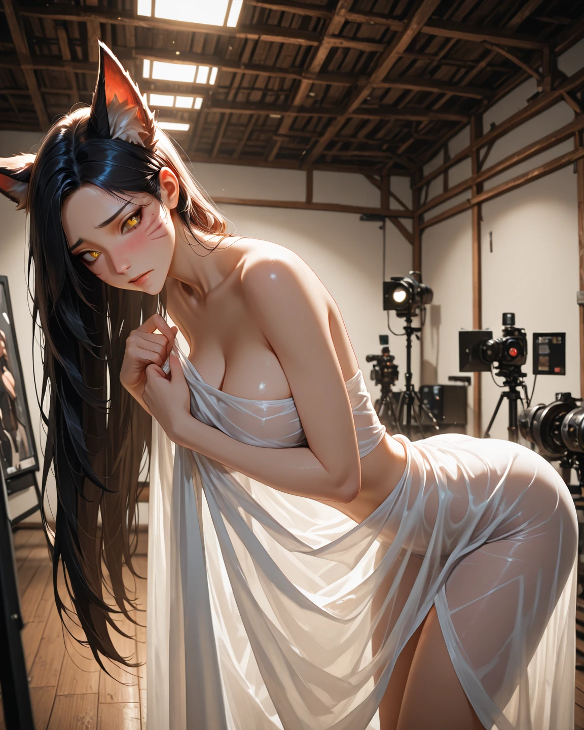 Striped hair, Messy hair, devil horns, Snake pupils, Orange eyes, Fox ears, Lick lip, Lonely, Forced smile, Anime style, Ray tracing, reflective light, Cowboy shot, hyper HD, Textured skin, A high resolution,anatomy correct,acurate