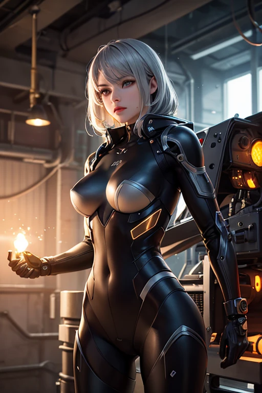 Full body, gray hair, (Dragoon: 1.2), Brantovan, masterpiece, best quality, official art, very elaborate CG Unity 8K wallpaper, for girls, ultra high resolution, (photorealistic: 1.4), golden hour lighting, sweater dress, (upper body), (platinum shorthair: 0.8), (puffy eyes), looking at the viewer, frontal, smile, medium breasts, gentle smile, Shirt lift, gloves, short hair