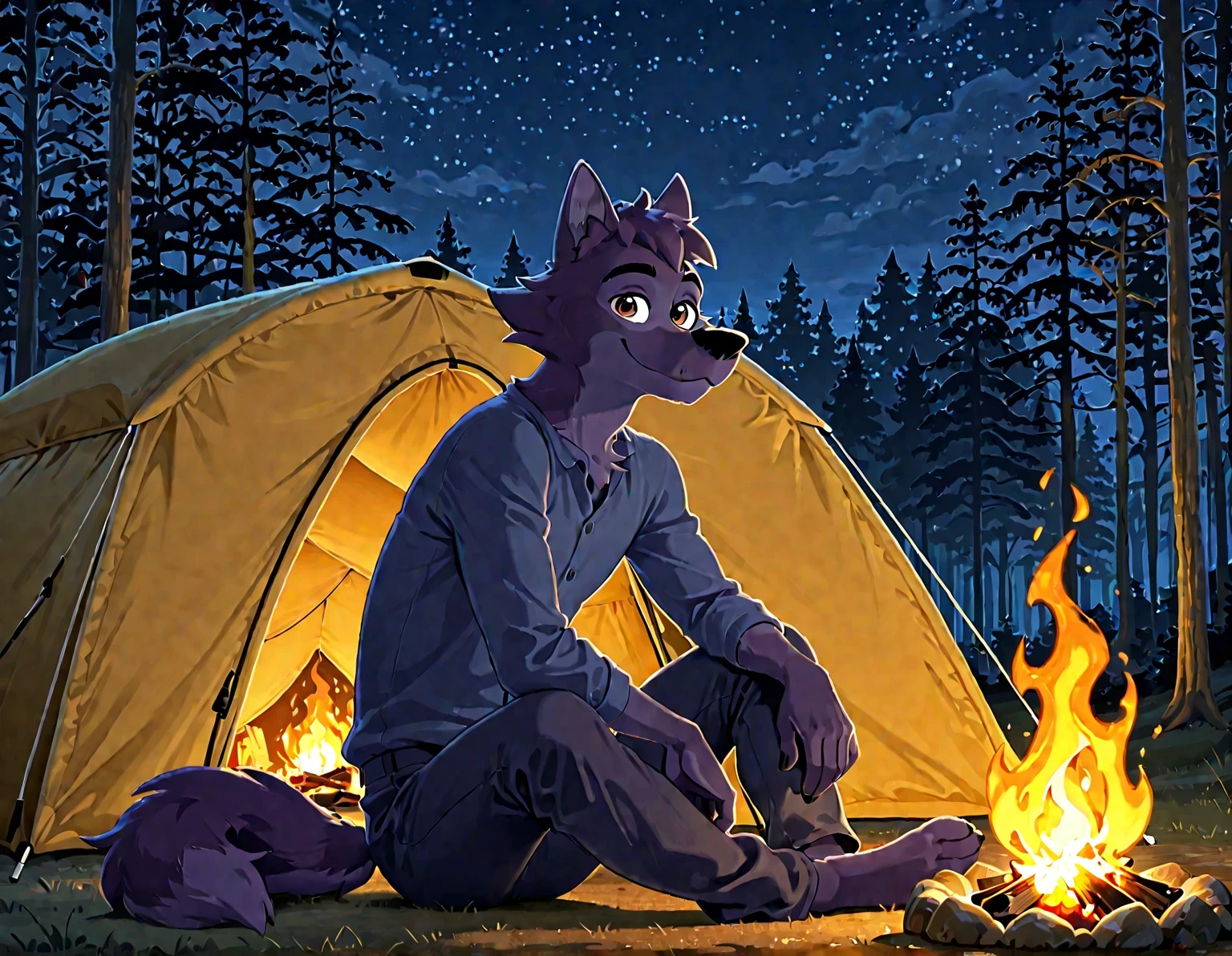 Lupin, dark purple fur, brown eyes, wolf, anthro, male, solo, half body, smile, high quality, night, forest, camping, tent, campfire, looking at viewer, sitting, pants