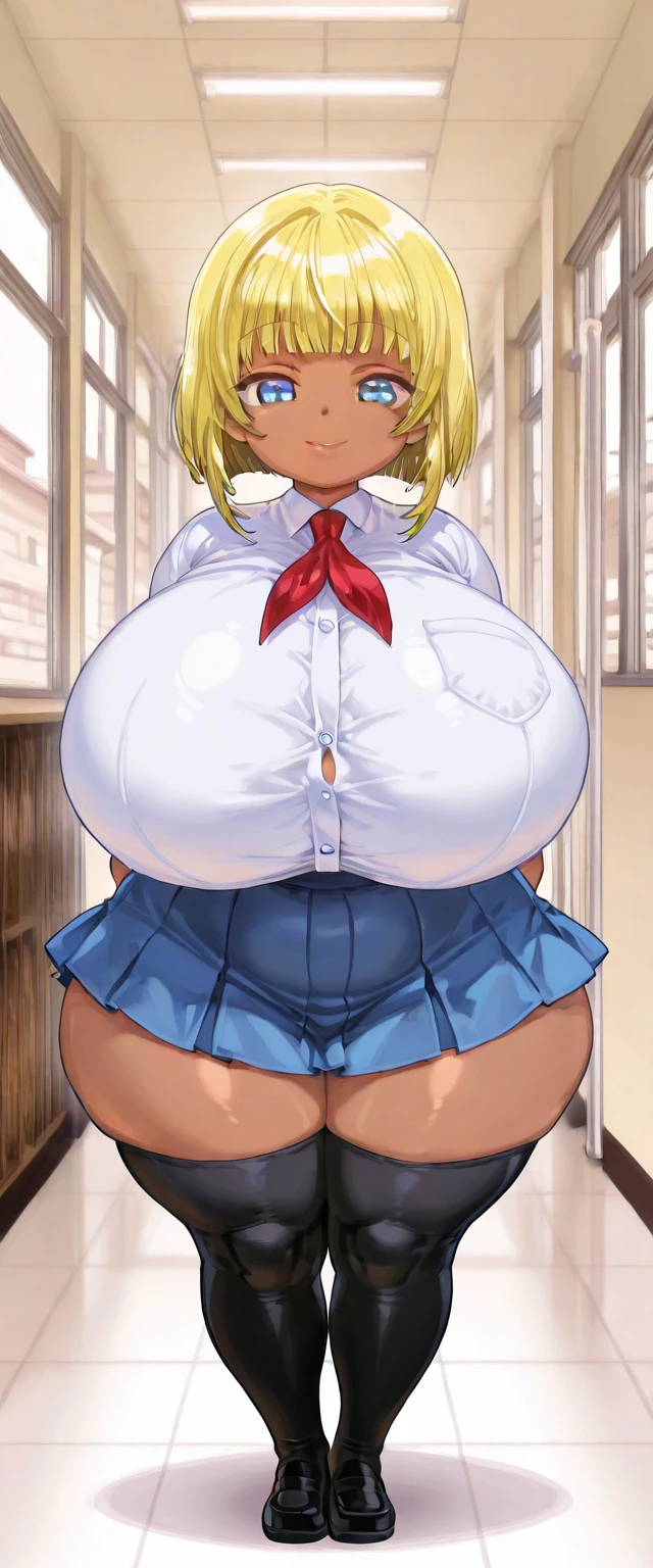 ((Highest quality)), ((masterpiece)), (detailed), 
((huge breasts:1.4))
((Very thick thighs:1.4))
((Very fleshy young woman:1.4))
(Tall)
(Short Blonde side ponytail hair)
Blue eyes
Standing
(((Shoot from front)))
(((photograph the whole body)))
(Japanese school uniform)
(white (business) shirt)
(Black mini(school)skirt)
Japanese 
Tokyo city