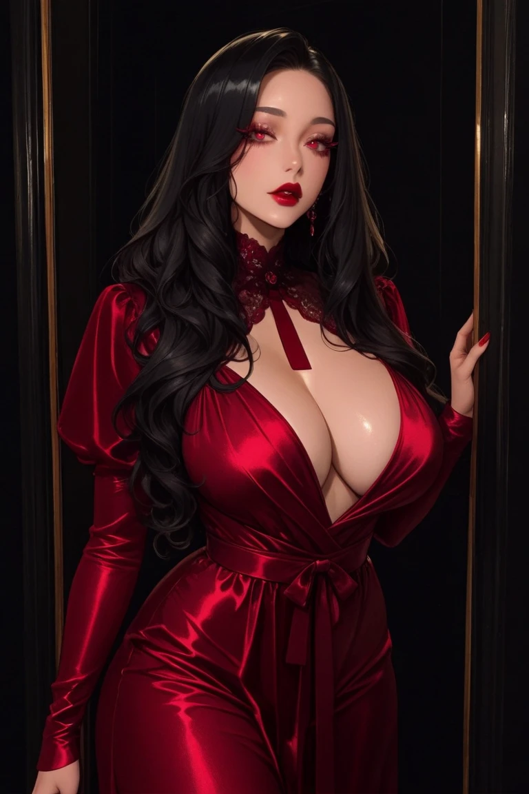 (best quality, ultra-detailed, photorealistic: 1.39) masterpiece, best quality, never saint, mature female, 1girl, solo, long hair, breasts, looking at viewer, blue eyes, crimson hair, dress, cleavage, bare shoulders, collarbone, thighs, nail polish, huge breasts, sweater, lips, strapless, makeup, lipstick, strapless dress, sweater dress, vampire, emo, goth