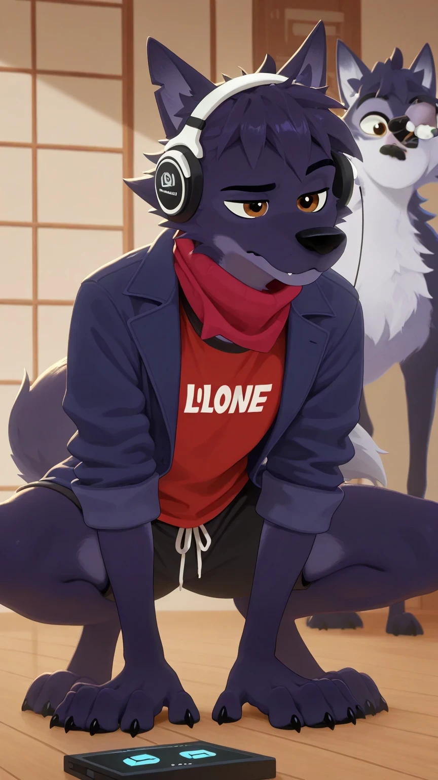 Mixed Coat,Canine paws,Feline paws,digital pads, metacarpal pad, 4 deof the de los pies, claws, detailed paws, [negro] paws, lupine ,dark purple by, brown eyes, lobo, eyes, masterpiece,better quality,amazing quality, a boy, Alone,rooster scarf for anthro dog, of the_application_by, gym t-shirt, gym shorts,at home listening to music, using wireless headphones, Wolf tail male wolf,  Alone, without anyone else,  squatting 