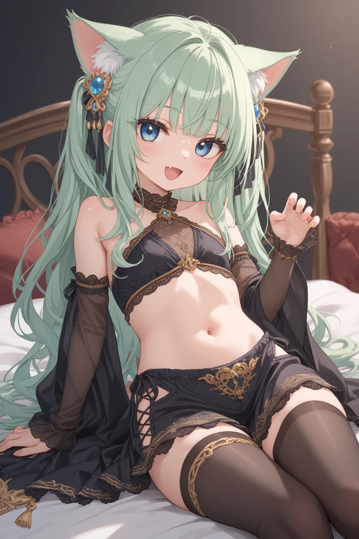 (​masterpiece,Best Quality:1.8),(8K,superfine illustration:1.5),(very clear picture:1.5),(ultra-detailliert:1.8),(beautifully drawn woman),(sexy and cute 1girl:1.2),Smile:1.6,(Delicately drawn lingerie:1.6),(Metallic Gold,bra very:2.0),(Metallic Gold,Scanty:2.0),(Metallic Gold,garterbelts), (Metallic Gold,Stockings:2.0),(sexy  pose:1.5),(Bedrooms:1.6),sitting on a bed,Dynamic Angle,Random position,blue tone、