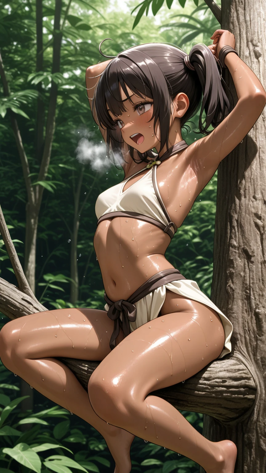 (masterpiece, best quality:1.2), full-body shot, 1girl, young girl, Judo, black hair, short hair, wet hair, black eyes, slender figure, slender hands, slender legs, red belt Judo, white bra, white panties, shows copletely underwear, white bikini, dirty, dust, wear a leash, wear handcuffs, mud, deep mud, damp, wet, mud stuck to the body, dust, rainforest, in the swamp, fallen tree trunk, lactation department, bra pulled down to reveal nipples, misaligned underwear, The woman begins to take off her bikini