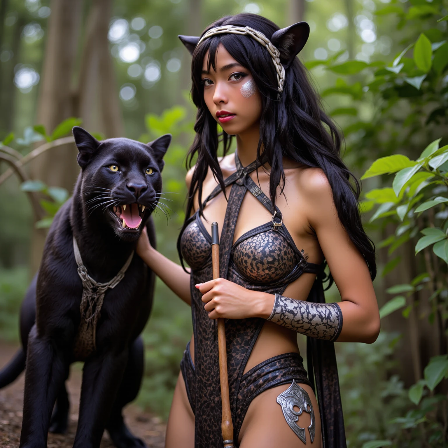 perfect face, cute girl, big breasts, busty body, black long hair, black bikini, riding a ferocious panther, grasslands
