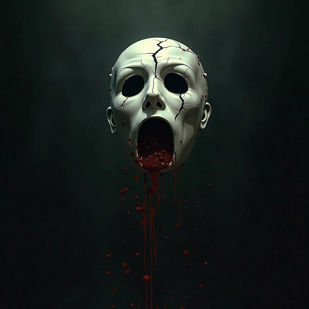 Just a white facial mask stained with blood, on top of a black wooden table
