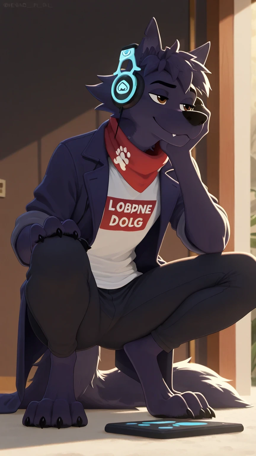 Mixed Coat,Canine paws,Feline paws,digital pads, metacarpal pad, 4 deof the de los pies, claws, detailed paws, [negro] paws, lupine ,dark purple by, brown eyes, lobo, eyes, masterpiece,better quality,amazing quality, a boy, Alone,rooster scarf for anthro dog, of the_application_by, gym t-shirt,  Black Pants,at home listening to music, using wireless headphones, Wolf tail male wolf,  Alone, without anyone else,  squatting, seductive look