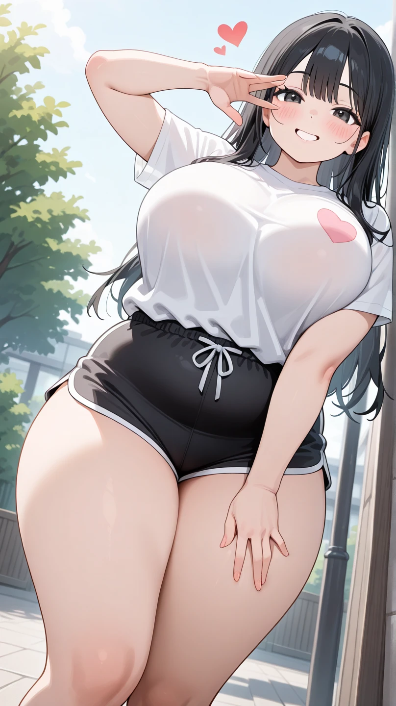 ((1girl, breasts)), masterpiece, best quality, huge breasts, illustration, ((t-shirt, thong, skindentation)), Black Hair, glasses, low twin tails, Long hair, blunt bangs blush, faded colors, deep skin, looking at viewer, osakabehime, fgo, beach, outdoors, from below, detailed face, flat belly, belly button, underboob, <lora:PieroStyle0:1> <lora:Okki:0.8>