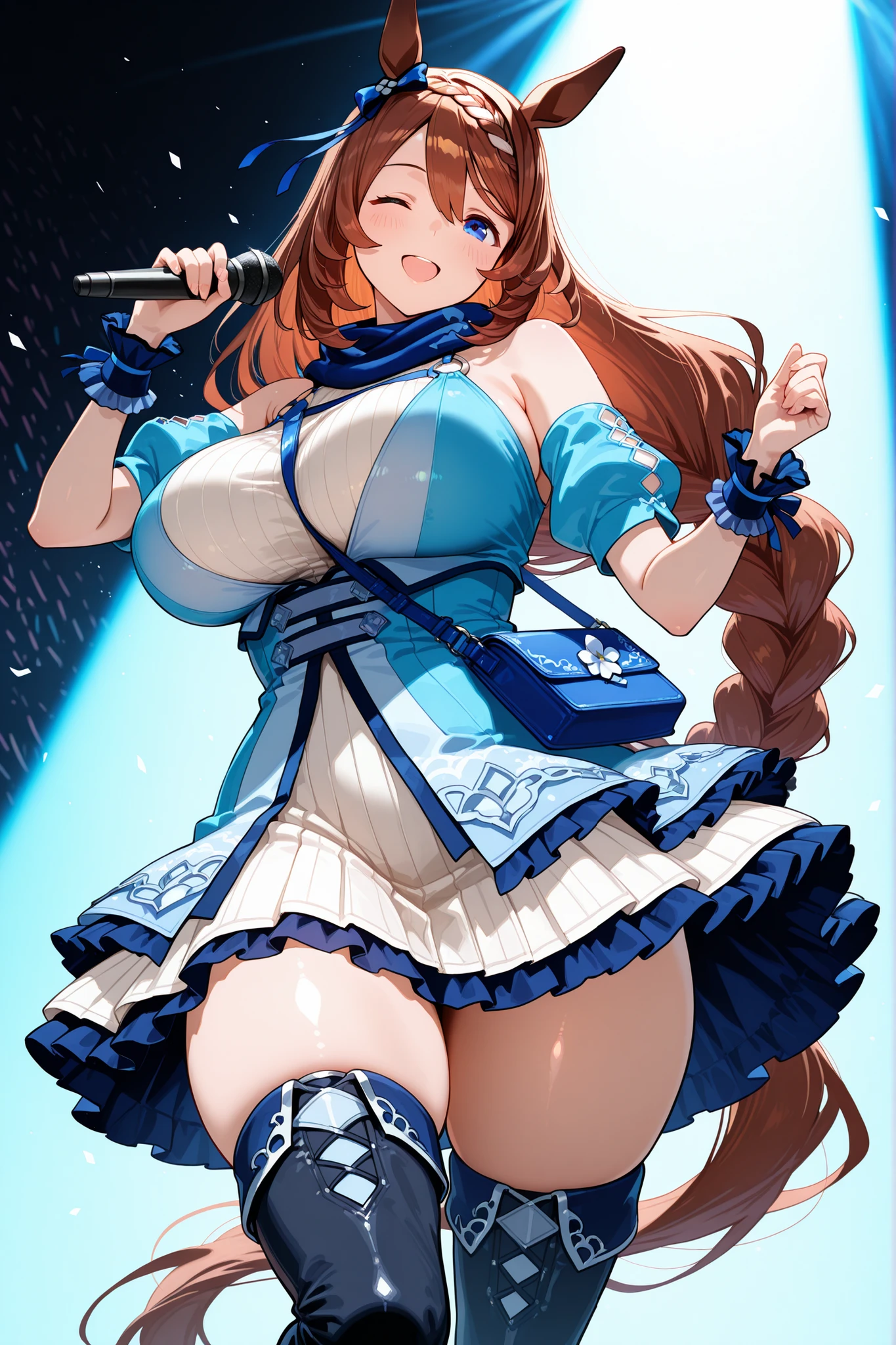 8K, score 9 up, score 8 up, score 7 up, perfect anatomy, masterpiece, glowing detailed skin and hair, best quality, detailed shaded pretty face, world-class quality, absurdres, incredibly absurdres, absolutely resolution, draw with horniness, ray tracing, best lighting, detailed illustration, absolutely eye-catching, beautiful woman, zettai ryouiki, bare shoulders, scrunchie, wrist cuffs, large breasts, Thick thighs, attractive curvy figure, (highlighted by her prominent thick thighs:1.2), wide hips, curvy, sagging breasts, happy, smile, hair between eyes, bangs, brown hair, perfect round huge butt, long hair, soft ass, soft breasts, soft thighs,  Voluptuous body, wid hips, blue eyes, very long hair, spotlight, Voluptuous body, strap between breasts , strap between breasts, horse ears, horse girl, horse tail, braided ponytail, detached sleeves, handbag, shoulder bag, blue dress, thigh boots, super creek \(umamusume\), race, blue scarf, o-ring, clothing cutout, white skirt, focus female, action pose, clothed, idol, idol outfit, frilled dress, idol stage, microphone, wink