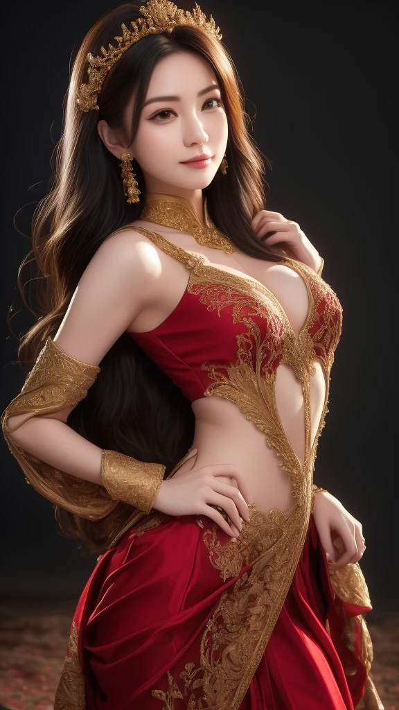 4K, UHD, masterpiece, solo girl, good face, detailed eyes, detailed lips, very long hair, straight hair, very long hair, beautiful hair, hair ornaments, hairband, sexy bun with ponytail hair, ((White-black-Blue-RED-silver-gold-yellow-green devilish dress)), (photorealistic:1.5), (Realistic big breasts:1.35), (Slender six pack abs), (smile), ((NSFW:0)), ((busty Cleavage)), ((( enchanting body, devilish body, red lipstick, stockings, European palace bedroom, bold dress, d-cup, breast focus, closeup))) ((bare stomach)), sardine, ornaments, necklace, earring, high lighting, depth of field, ray tracing, ultra-realistic detail