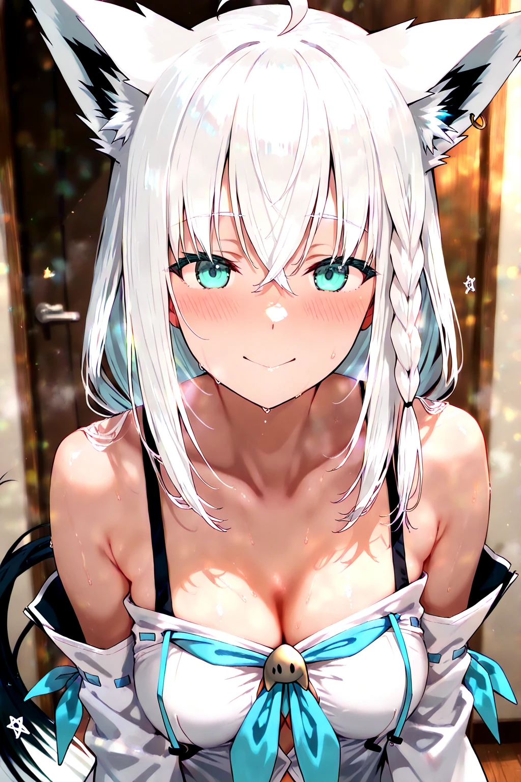 White hair, flowers in head, Green eyes, Sparkling eyes, Cat ears, smile, Anime style, hyper HD, retinas, ccurate, Masterpiece, Anatomically correct, Textured skin, Super detail, High details, Award-Awarded, High quality, A high resolution, Best quality, 16k,Lori huge breasts cleavage