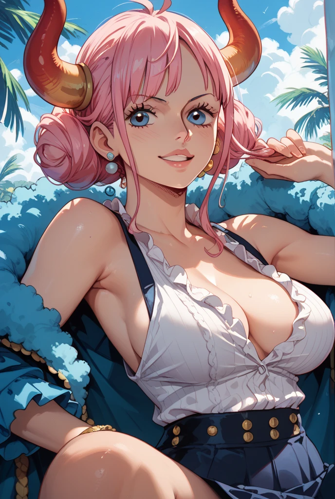 nsfw,1 person,Sweat,White Breath,solo,ONE PIECE,Perona-chan,(Cleavage voyeur),sit,room,On all fours,Naughty expression