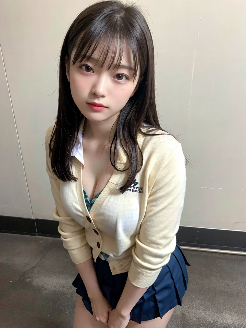 slender girl, (make up:1.1), (ニットセーター:1.2), middle breasts, at school room, (upper body shot:1.1), round face
