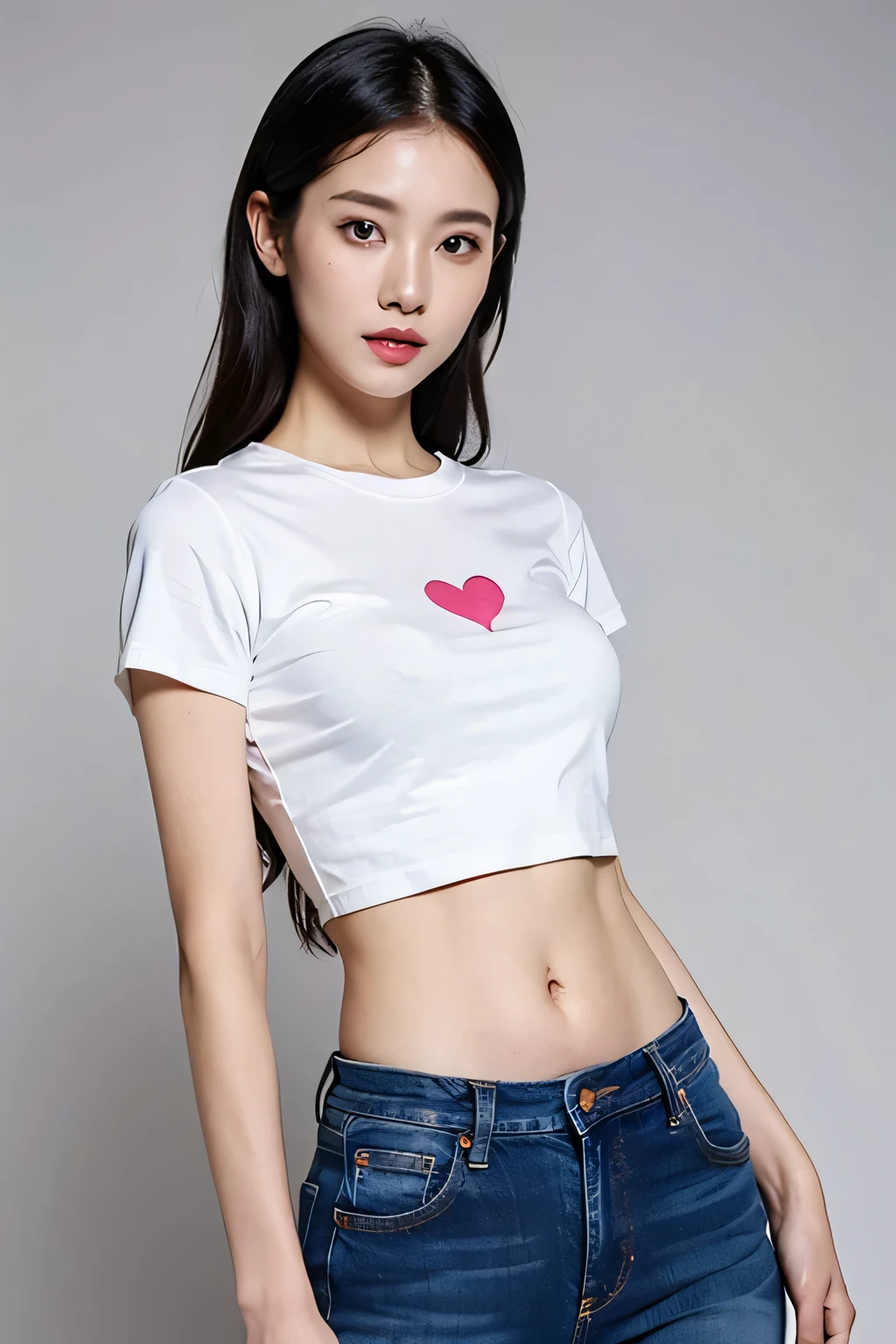 Cute dark skinned Chinese girl wearing glasses, detailed skin tight jean shorts, tights shirt, mid size butt,