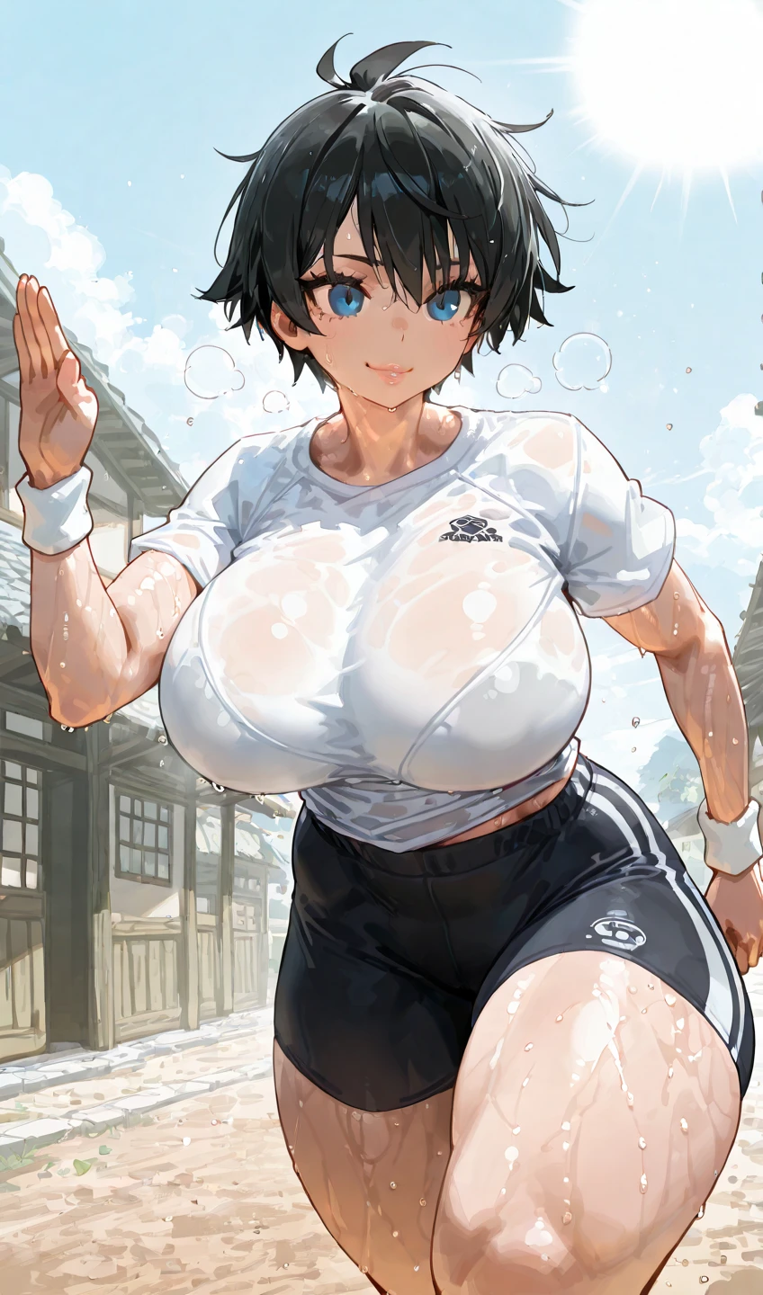 Browsing Caution,White athletics uniform,belly button,(((Anime Style,Mature Woman,Shyness,80 years old,Shyness))),Red face,Watery eye,Shyness,short hair,Outdoor,Famous meeting points,There are a lot of people around,(Areola,Because it's sloppy,Saggy breasts,Small breasts),Arms crossed behind back