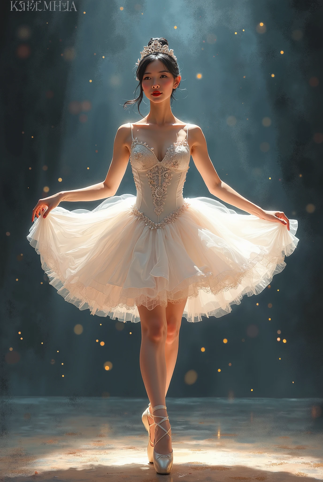 a ballerina dancing in the rain, elegant grand pas de deux, beautiful and delicate ballet costume, outdoor theater, ballet dancer, rain, stunning performance, beautiful detailed(hair, face, longeyelash, eyes, lips), (highest quality,16k,highres,masterpiece:1.2),ultra-detailed,(ultra-realistic,photorealistic:1.37),intricate ballet movements,cinematic angle, dramatic lighting,mist and fog,vibrant colors,atmospheric environment,graceful posing,flowing fabric,powerful leaps,emotional expression,ballet slippers,tiara,tutu,en pointe, portrait