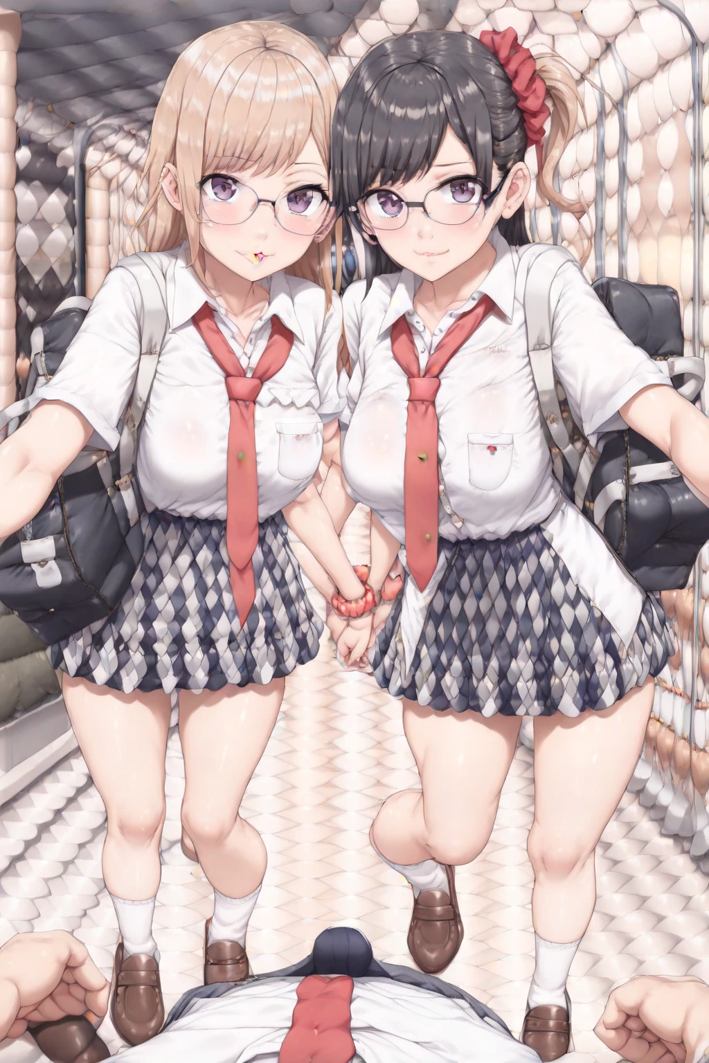 Highest quality, Ultra-high resolution, (Realistic: )2D official style cel animation,((２Girls sitting in a row))Primary school students、brown、ponytail、White Big Ribbon、Glasses、Blue Check Mini Skirt,Summer Shirts,Unbutton、(Lace panties),loose socks,sneakers,Full body portrait,(From below),Station stairs,sunny,Spread your legs、from the front、blush、