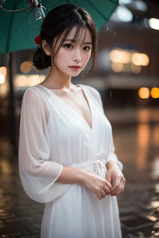 (RAW shooting, Photorealistic:1.5, 8k, highest quality, masterpiece, Ultra-high resolution), ((((heavy snow, Blizzard)))), Highly detailed skin and facial textures:1.3, Perfect dynamic composition:1.2, (Shrine at night in a modern city, Expressions of sadness:0.9, Tears flow:0.9, Crying with a broken heart:0.9), Slim office lady wet with rain:1.3, Cowboy Shot, Fair skin:1.2, Sexy beauty:1.1, Perfect Style:1.2, beautifully、aesthetic:1.1, Very beautiful face:1.2, Water droplets on the skin, (Rain dripping down on my body:1.2, Wet body:1.2, Wet Hair:1.3), (Professional kimono dressing:1.1, Holding a bouquet of wet lilies:1.2, The correct way to wear a wet silver kimono:1.3), (Medium Chest, Bra is sheer, Chest gap),  (Beautiful erotic eyes:0.9, Too erotic:0.9, Fascinating:0.9), necklace, Earrings, bracelet, wedding ring, Highly detailed hands and fingers