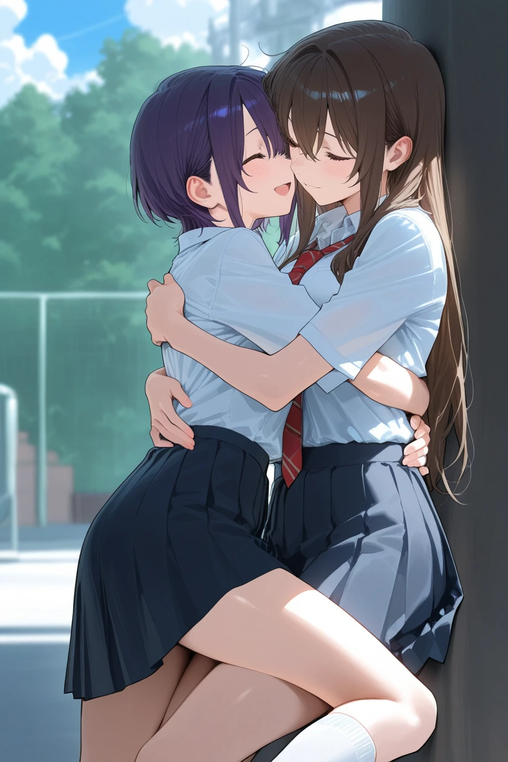 sex vaginal, anime style, medium breasts, small ass, kanao tsuyuri (demon slayer), purple eyes, black hair, butterfly hair ornament, desk, sitting on desk, anime art style, school outfit, upskirt, crop top, skirt, indoors, classroom, side view, looking towards each other, penetration, legs spreading