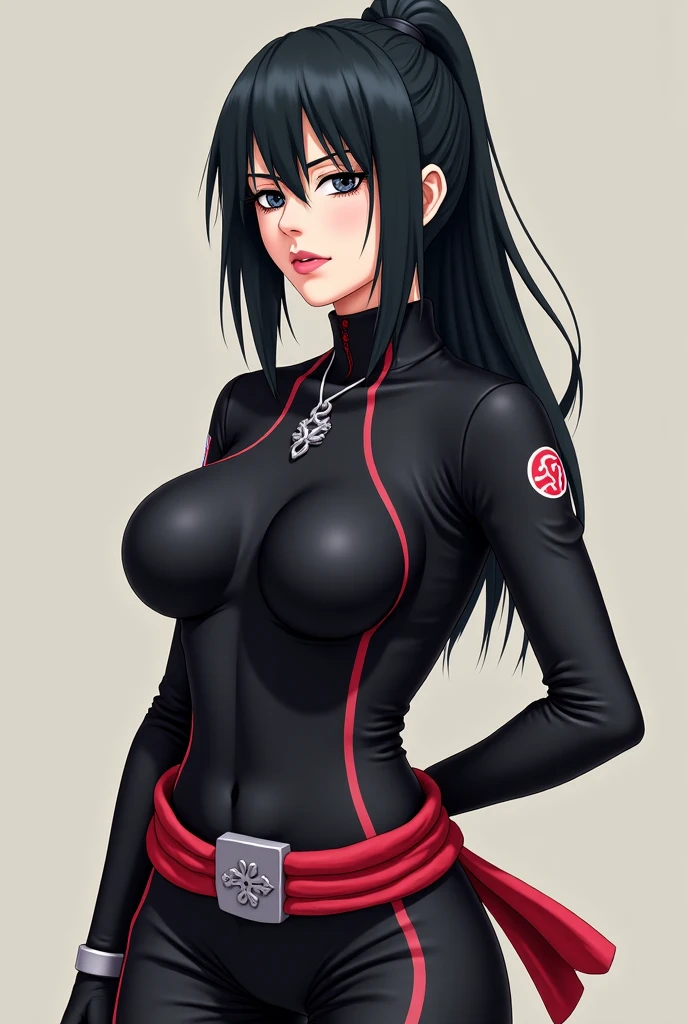 (((masterpiece))), ((naruto)), ((highly detailed)), (((high quality))), 1girl, (((solo))), upper art, ((pretty face:1.2)), (((black hair))), very long hair, (((ponytail))), sharigan eye, Uchiha eyes, ((Akatsuki clothing)), looking at viewer, nonchalant face, ((konoha background)), giant breasts, big breasts, ((pale skin)), closeup, ((dark vibes)), (((dynamic pose))), ((real proportions of a woman)), ((loose clothes)), ((dark red clothes))