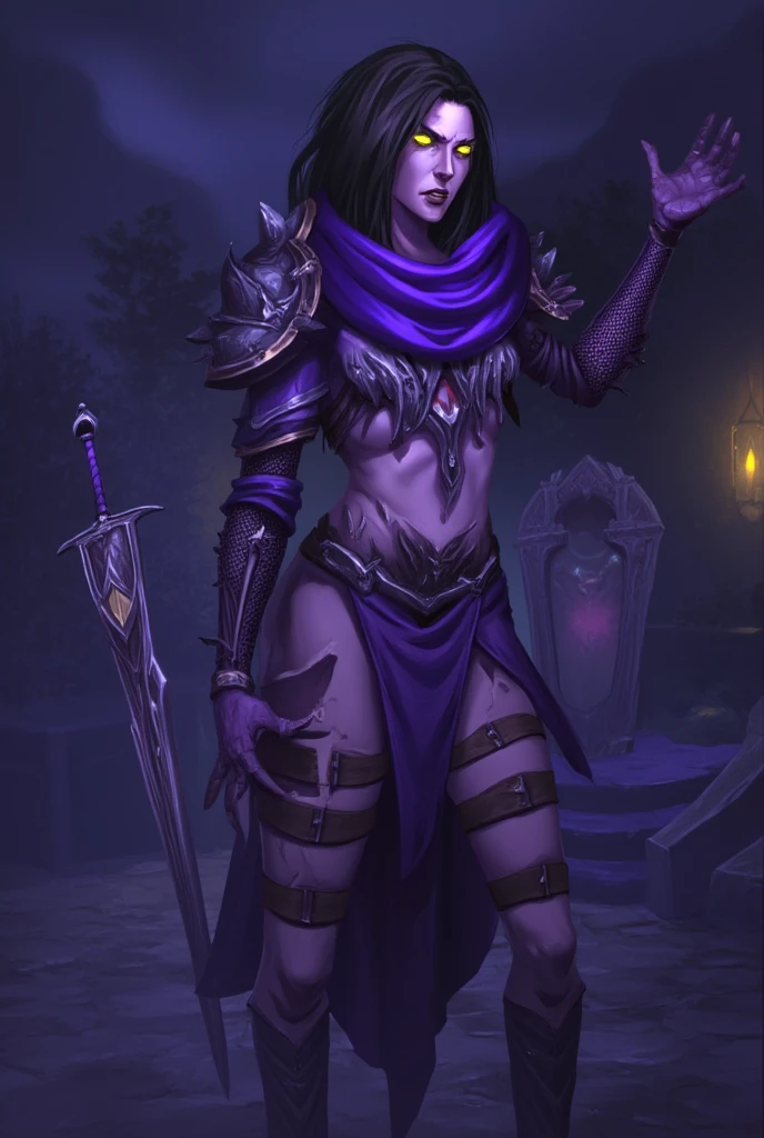 cowboy shot, ((masterpiece)), ((highly detailed)), ((best quality)), realistic, evil_lyn, beautiful woman with heavy makeup, (pale skin:1.3), blue and purple, beautiful eyes, perfect eyes, perfect hands, ((fantasy crypt background)), indoors, torchlight, candles, torches, <lora:80s_Evil-Lyn_MK2:0.8>