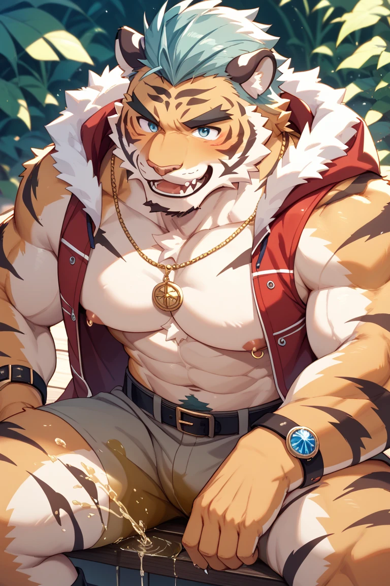 <lora:waltt-08:1>, wallt, muscular, big pecs, earring,  (posing:1.3), (soft shading), 4k, hi res, ((detailed face, detailed)), by zackarry911, by zaush, (by personalami:0.5), looking at viewer, blush, smile, 1boy, navel, nipples, jacket, full body, ass, male focus, lying, open clothes, shorts, barefoot, sleeveless, belt, pants, hood, on back, feet, open jacket, multiple views, thick thighs, black pants, piercing, hood down, on stomach, arms behind head, claws, red jacket, bulge, dakimakura (medium), round eyewear, midriff peek, seductive smile, black tank top, pectoral cleavage