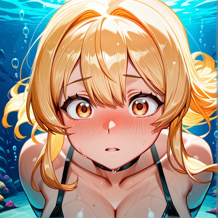 ((underwater in glass tank)), (mature woman), (dull eyes), blonde, tensed, black bikini, twintails, parted bangs, bare skin, denim shorts, milf, whore, slut, slutty, bitch, massive breasts, age 20, blue eyes, legs apart, arms at side, athletic, drowning, thrashing, flailing, horrified, screaming