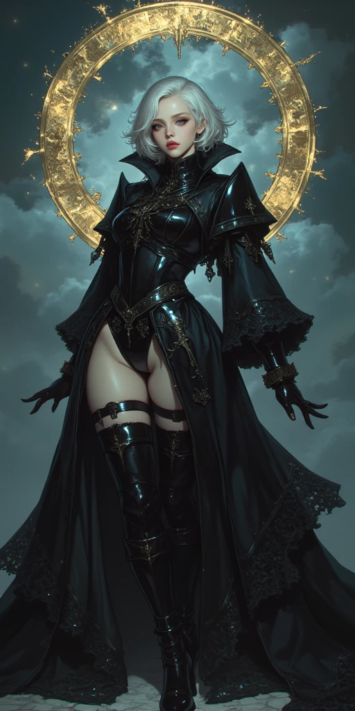 (Full body shooting :2), (Full Focus:1.3),Must show your face, anatomy correct, The character wears a shrine witch costume,plethora of colors,Strangling effect,High-heeled leather shoes, anklet,leg loops,collars,Heavy makeup, A shallow laugh, Latex socks must be worn, hyper HD, Ray traching, structurally correct, Award-Awarded, high detal, lightand shade contrast, cinmatic lighting, tmasterpiece, super detailing, high high quality, high detal, best qualityer, 16k