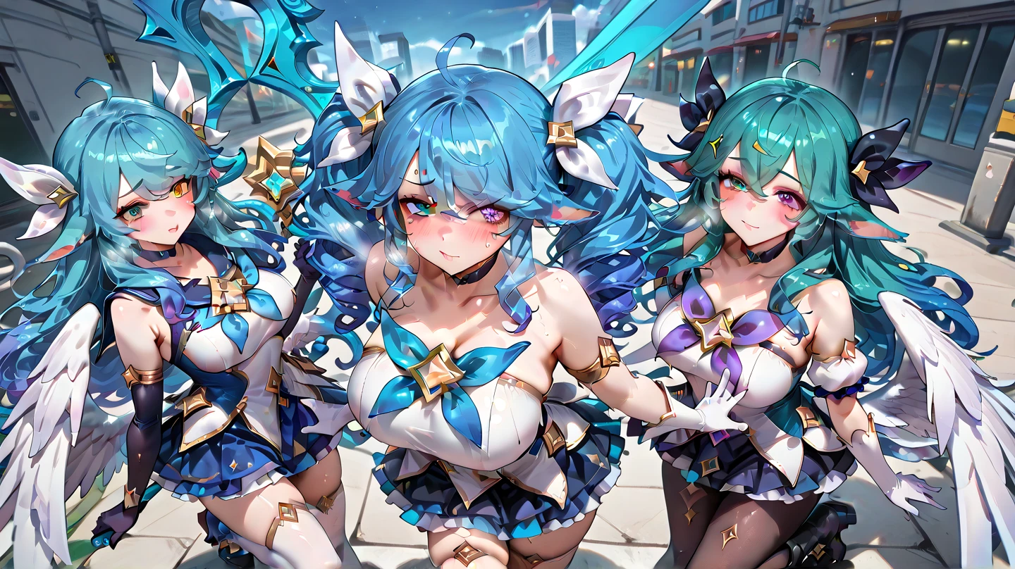The image depicts an anime-style character with blue hair, a few yellow hairs, a purple hooded outfit, a white cheer skirt, and a black choker. It has cat ears. The character has a smiling expression and is facing the viewer. Precision fingers. Precision feet.