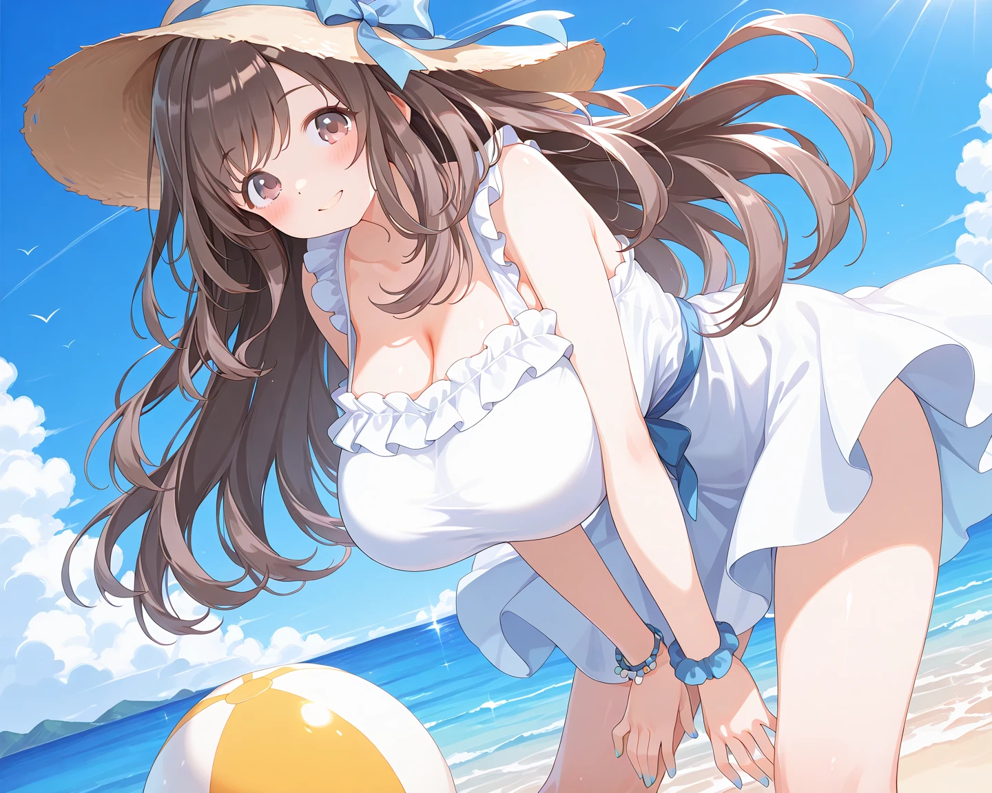 ((masterpiece)), ((best quality)), (ultra-detailed), illustration, fullbody, a cute girl, {1girl}, ((beautiful eyes)), ((extremely delicate and beautiful)),(high resolution), anime character in a bikini on the beach with other toys and a picnic table, 1girl, swimsuit, bikini, breasts, hat, innertube, nonomi (blue archive), green eyes, large breasts, beach umbrella, sun hat, solo, yellow bikini, long hair, umbrella, cleavage, side-tie bikini bottom, hat flower, flower, halo, sandals, white headwear, navel, full body,kawaiitech, cute pastel colors and symbols, glowing parts,nonomi-default, nonomi \(blue archive\), green eyes,brown hair,long hair,single hair ring,halo,