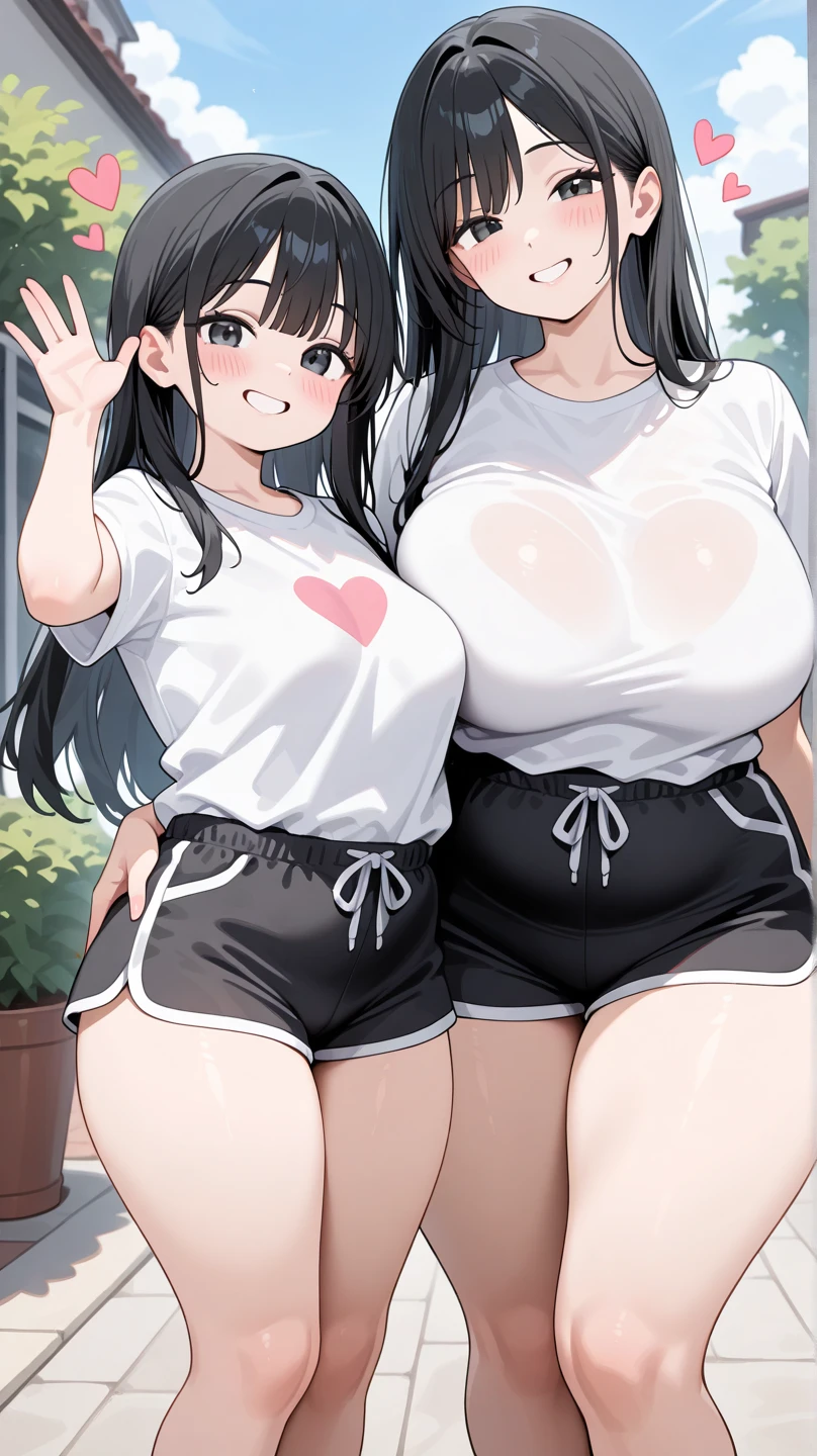 2girls, huge breasts, (girl A: black skin, fat belly) (girl B: white skin, strong arms), plump, smug smile, barefoot, full body view, tight shorts, no shirt, huge thighs, fat hips, fat legs, 