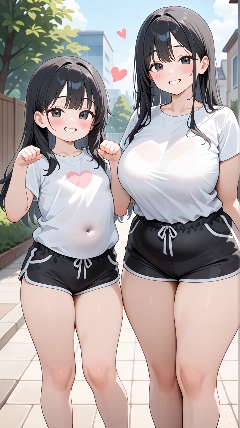 (highest quality:1.4)、(High resolution)、detailed background、(detailed beautiful face:1.4)、(Depict the normal number of fingers:1.2)、(detailed facial expressions)、realistic、beautiful and smooth skin、Teenage beauty、(three women:1.3)、(huge breasts:1.3)、brown hair、long black hair、ponytail、Perfect body line、attractive thick thighs、cowboy shot、
(Two girls are worried about the tightness of their gym shorts in the schoolyard:1.5)、
(Fixing the bite of panties:1.5)、(nipple:1.2)、(underboob:1.5)、Angle looking up from below、Zoom up from below、cute colored panties、
blushing with an embarrassed look、So embarrassed and cute、Looking at me with cold eyes、cameltoe