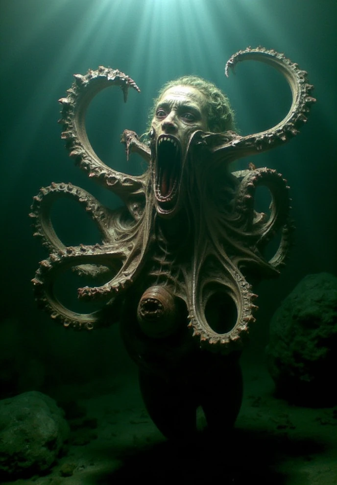 ((((horny))), red lipstick, (((pleased))), (((moaning))), ((((coquettish)))), skinny body, ((((red hair)))), wet hair, large breasts, large ass, narrow waist, ((cum all over)), (((((covered in cum))))), wet hair, tentacles, tentacles sucks breast, ((throat bulge)),tentacle squeeze breast, tentacles licks breasts, tentacle penetration, fucking tentacles, tentacles around throat, ((slimy tentacles)), sodium light, impaled with tentacles, horror, ((((photorealistic)))), hyper detailed, (((8K))), masterpiece, ((((High Quality)))), Eldritch abomination, (mind flayer:1.5) (bride of Cthulhu), church of Cthulhu, (((torture chamber))), ((tentacles on the floor and crawling up her body and mouth)), (white thong), ((gates of Cthulhu open))