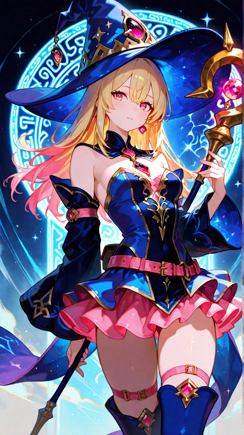 masterpiece, best quality, 1girl, solo, hat, blonde-hair, drill-hair, gloves, breasts, blue-eyes, witch-hat, thigh-boots, thighhighs, boots, elbow-gloves, open-mouth, staff, purple-headwear, smile, dress, full-body, simple-background, cleavage, large-breasts, looking-at-viewer, purple-dress, very-long-hair, purple-gloves, holding, purple-footwear, wand standing-on-one-leg, twin-drills, holding-staff, witch, black-footwear, puffy-sleeves