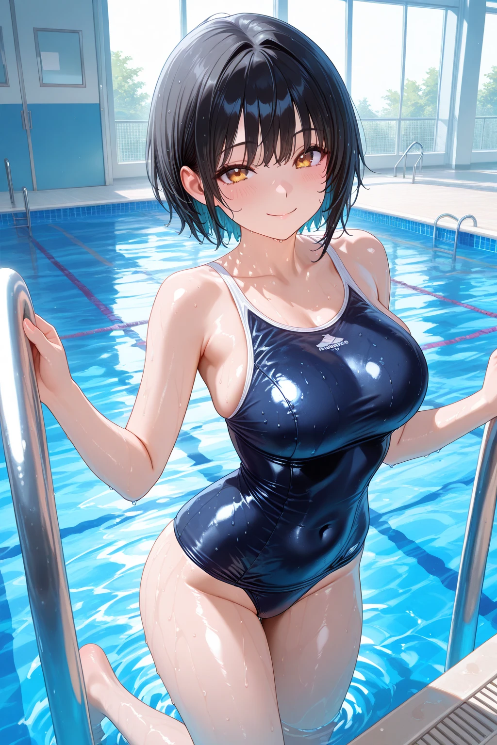 (highest quality、High resolution、detailed background)、(Highly detailed beautiful face:1.4)、cute teenage girl、(three women:1.2)、cute hair color、braided bob、bob cut、braided ponytail、(huge breasts:1.2)、realistic、perfect body line、thick thighs、Attractive big ass、healthy body、cute gesture、cute、cowboy shot、
(Three beautiful girls wearing thin, see-through school swimsuits stand side by side with their backs to each other in the school pool。:1.5)、(A beautiful girl is staring at me:1.5)、
(Close-up angle、close-up underwear from below), from below、Low - Angle、
Highlight your attractive buttocks、Emphasize feminine silhouettes、Stretch material makes your body line look beautiful、Accentuate your attractive big butt、Swimwear that is wet and sheer、Sexual buttocks、healthy charm、wet with water、my hair is wet too、cute gesture、cute