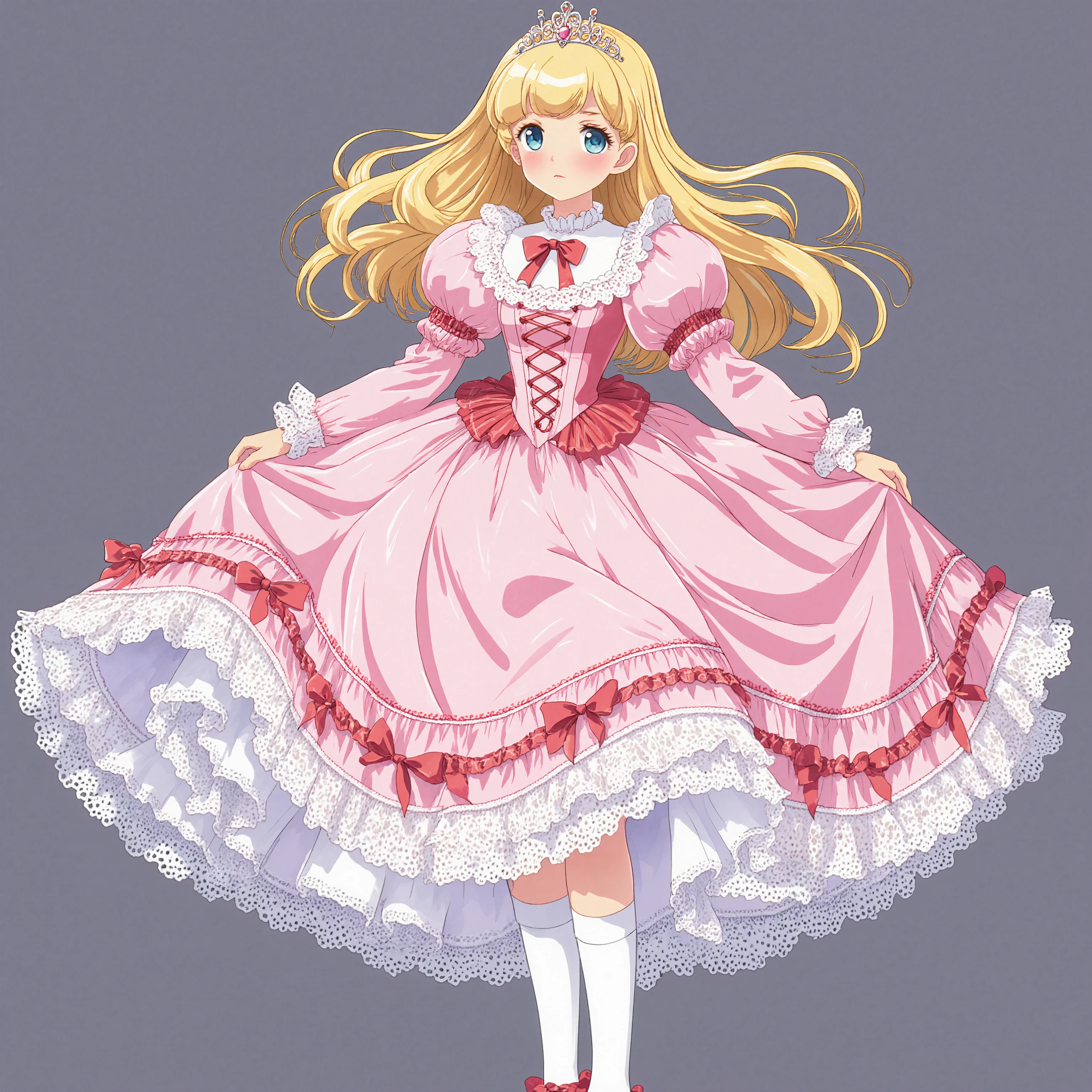 highest quality, masterpiece, highest resolution, artwork, super detailed, retro anime style,the girl is a princess,short body height:1.0,blond long hair,She is skirt lift with her hand,((pink Ball gown dress:1.0)),,round hoop skirt,Lots of lace and frills with the dress, tiara,long sleeve,puff sleeves ,long dress,dress has Lots of red ribbons White long socks,frills socks, A lace petticoat with many layers in the dress, I can see the lace petticoat and Drawers under the dress