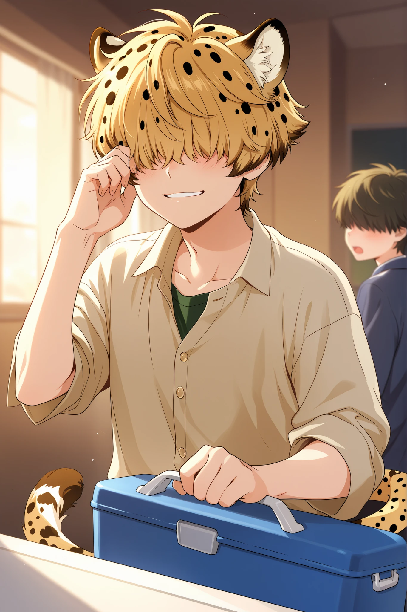 Make me an cheetah boy, close to his 20s in college, cheetah ears and tail with a fluffy short cut cheetah of hair going as high as over the eyes. Make him on of the cooler new kids style. brave, confident but untalkative and cold.