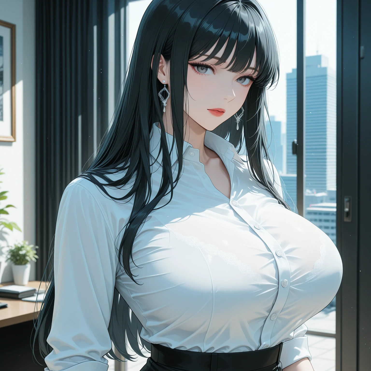 school uniform,  green skirt, black hair, very long hair, ponytail, blush, light smile, shiny hair,  shiny skin, cleavage,  huge ass,  wide hips, mature female,  1girl, masterpiece, best quality, (highres), absurdres, 4K, 8K, 16K, beautiful face, beautiful body, symmetrical face, gorgeous, deep eyes, realistic shaded, stunning, intricate, hyper-detailed, highly detailed, sharp, smooth, sharp focus, realistic, anime, manga, ((ringed eyes)),