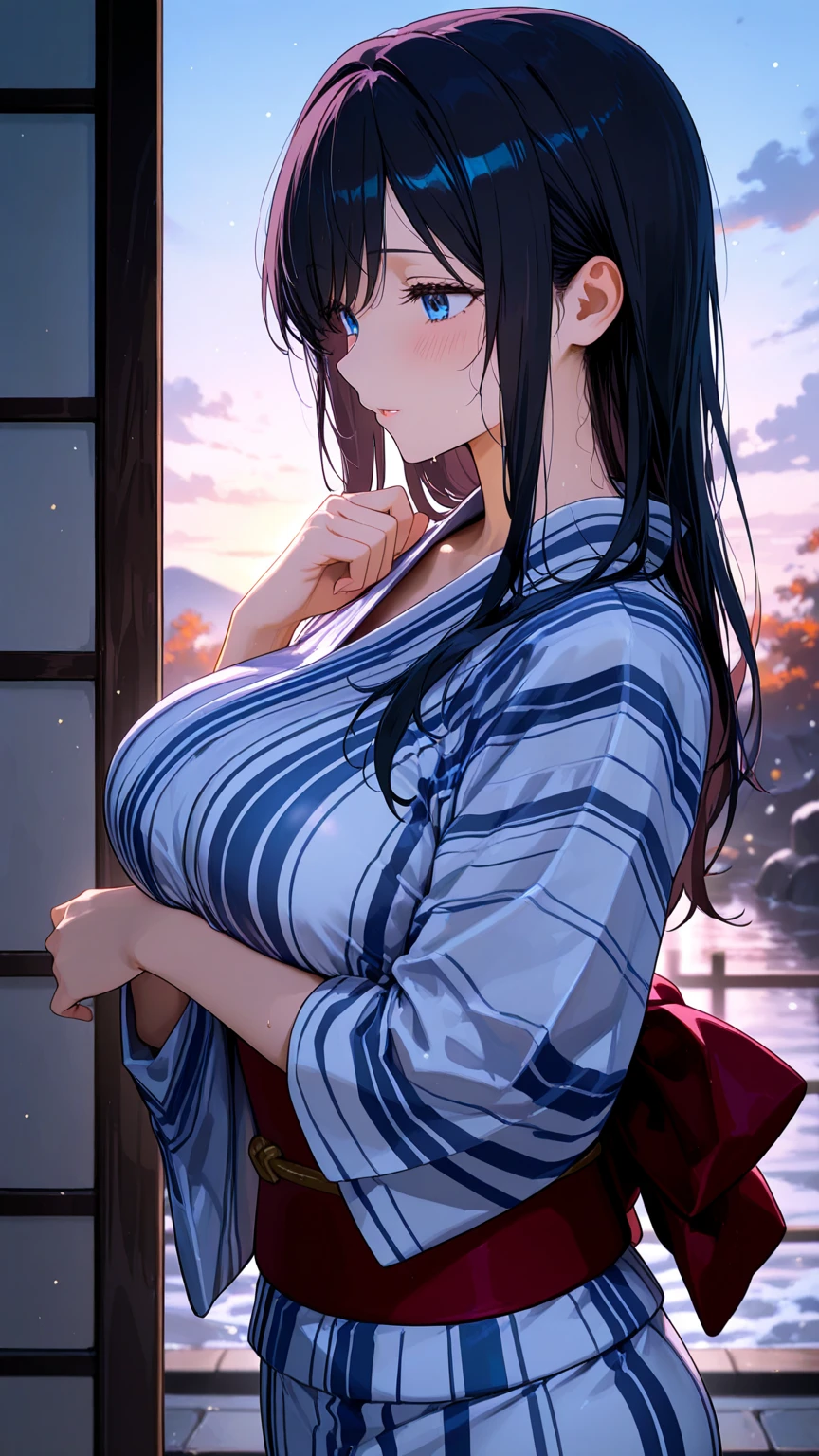 top quality, (Masterpiece: 1.3), (Maximum resolution: 1.2), (Ultra HDTV: 1.2), Cinema light, Ultra HDTV, (Detailed eyes and skin), (Detailed facial features), HDR, 8k resolution, Sharp Focus: 1.2, (1girl), (standing , looking back),　(back view), Perfect style, gigantic huge breast, beautiful face, accurate, anatomically correct, highly detailed face and skin texture, detailed eyes, blue eyes, double eyelids, thin eyebrows, glitter eyeliner: 1.2, blushed cheeks, round face, glossy skin, fair skin: 1.2, (glossy lips: 1.4), (heart shaped pupils) BREAK first-person-view, ((Wearing japanese traditional clothes, wet , transparent :1.6)), (beautiful sideboob:1.6), (glossy accessories:1.5), (smiling full of compassion :1.2), (full of love:1.5 ), innocent and Cute girl, ((( glossy black hair with vivid pink innercolors:1.5 ))), (( beautiful extra long hair, straight:1.6)), BREAK (Full body shot: 1.2), (focus on sideboob), ((( at the river side deep in the mountain , at night : 1.6)), (under moon light), (very intimate atomosphere:1.6),