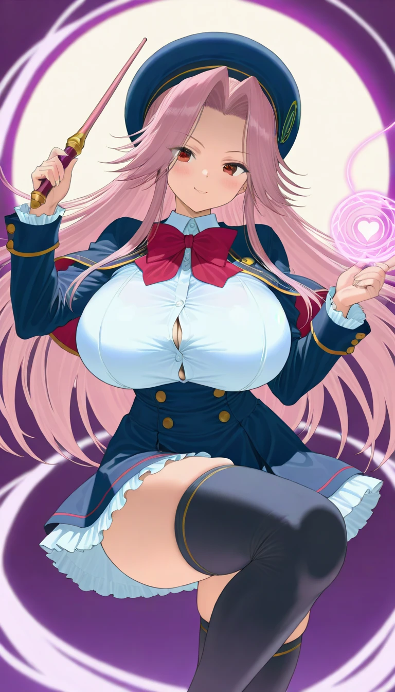 charm22, cute face, tall girl, wearing school uniform, huge breasts, rainbow pink long hair,Fujiwara Chika, full body, hat, wizard tunic