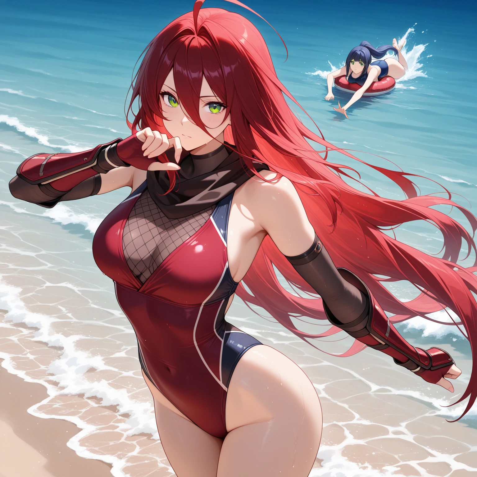 Red-haired, dark-skinned, flat-chested girl,swimsuit,Bare waist,Bare Legs,beach
