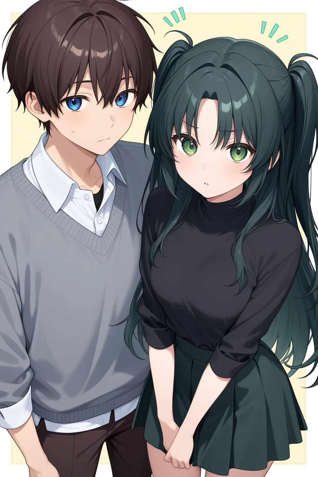 Create an image, in the style of drawing for book cover, of a young woman of about twenty-three years old with long hair, brown in color and wavy, green eyes and white skin, she must be in the arms of a man both with a slightly surprised expression, as if she had fallen and he had caught her before it happened. This man must look young too, with white skin and black hair, he must be tall and have an athletic body, broad shoulders and steady hands. Your face should be masculine with strong eyebrows and dark eyes.. Men's hair should be slightly wavy, almost smooth and black in color. She should be wearing a black pleated skirt above the knees with an ivory colored button-down long sleeve blouse., over the shirt she must be wearing a brown sleeveless sweater and tractor moccasin shoes, and he must be wearing a white button-down shirt tucked into his black pants, his shirt sleeves should be rolled up to about the elbow and a brown oxford dress shoe. The image should convey a youthful and fun air., She should look like a flustered young lady who is surprised by the situation and he should look like a firm, sarcastic man who is pleasantly surprised by the situation.