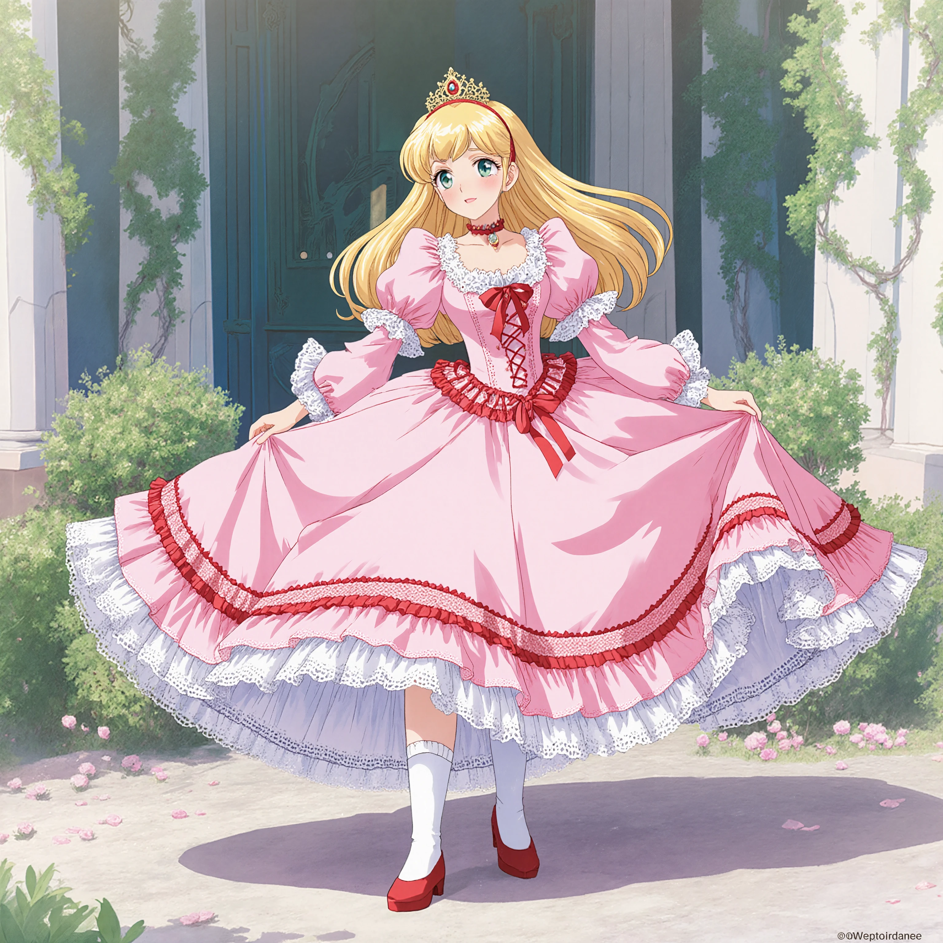 highest quality, masterpiece, highest resolution, artwork, super detailed, retro anime style,the girl is a princess,short body height:1.0,blond long hair,She is skirt lift with her hand,((pink Ball gown dress:1.0)),,round hoop skirt,Lots of lace and frills with the dress, tiara,long sleeve,puff sleeves ,long dress,dress has Lots of red ribbons White long socks,frills socks, A lace petticoat with many layers in the dress, I can see the lace petticoat and Drawers under the dress