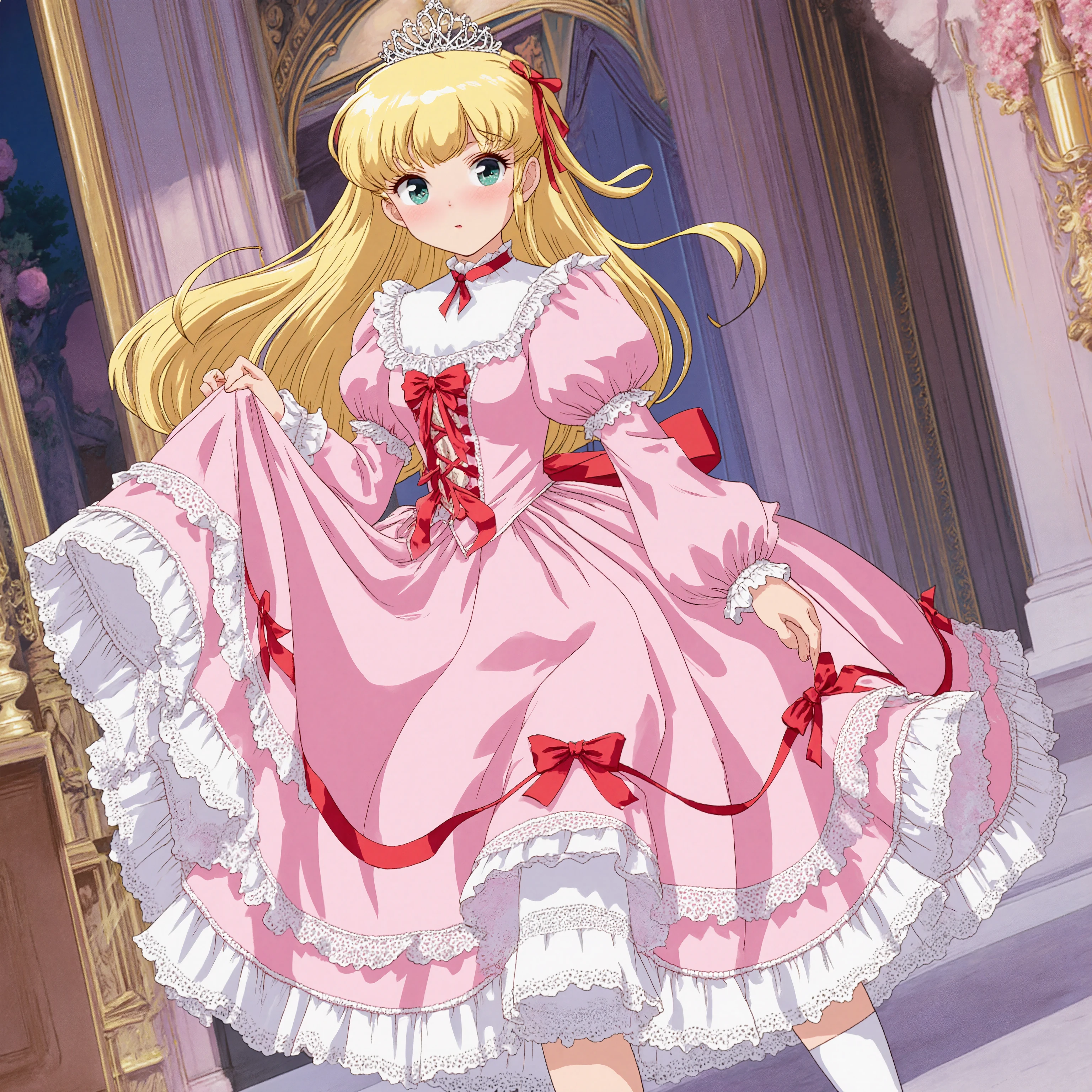 highest quality, masterpiece, highest resolution, artwork, super detailed, retro anime style,the girl is a princess,short body height:1.0,blond long hair,She is skirt lift with her hand,((pink Ball gown dress:1.0)),,round hoop skirt,Lots of lace and frills with the dress, tiara,long sleeve,puff sleeves ,long dress,dress has Lots of red ribbons White long socks,frills socks, A lace petticoat with many layers in the dress, I can see the lace petticoat and Drawers under the dress