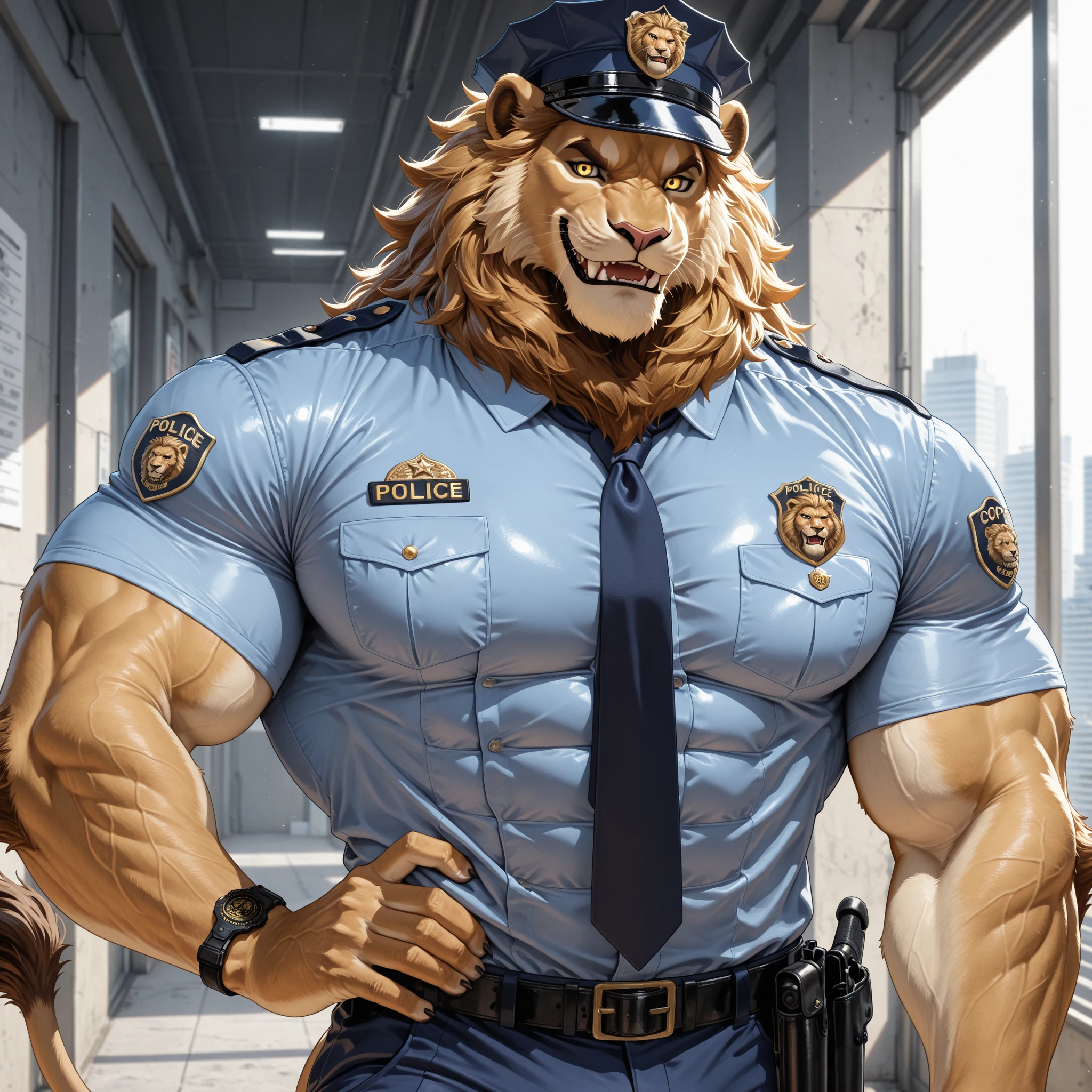 Lion, male, solo, adult, abs, big pecs, nipples, older, strong muscles, big mane, long mane, detailed face, beautiful eyes, detailed eyes, police outfit, police shirt, open shirt, muscular chest, muscular, happy face, bodybuilder body, beefy, city and police car, blue jeans pants, bulge, looking at viewer, by bruteandbrawn, by personalami, by kenket, (intricate, high detail, film photography, soft focus, RAW candid cinema,
photorealism, realistic, photorealistic, analog style, subsurface scattering,
masterpiece, best quality, ultra realistic, 8k)